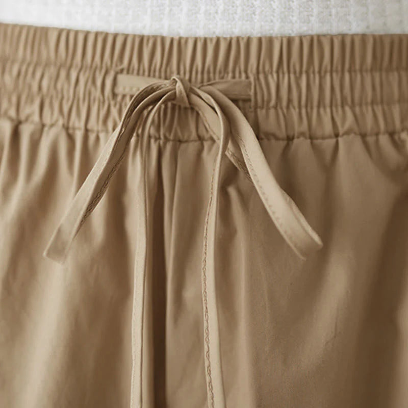 Buddha Stones Plain Buttoned Side Design Capri Cropped Women's Wide Leg Pants With Pockets