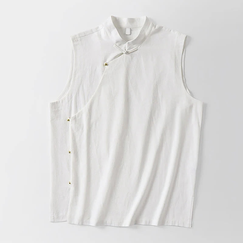 Buddha Stones Summer Solid Color Stand Collar Frog-Button Men's Cotton Linen Sleeveless Vest