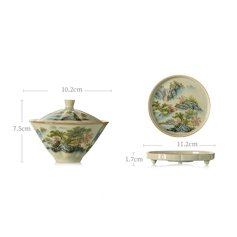 Buddha Stones Pine Mountain Forest Landscape Ceramic Gaiwan Sancai Teacup Kung Fu Tea Cup And Saucer With Lid (Extra 35% Off | USE CODE: FS35)