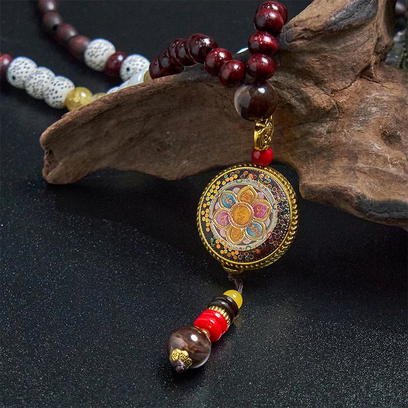 Buddha Stones Tibetan Handmade Wood Beads Om Mani Padme Hum Samantabhadra Bodhisattva Purity Necklace Pendant