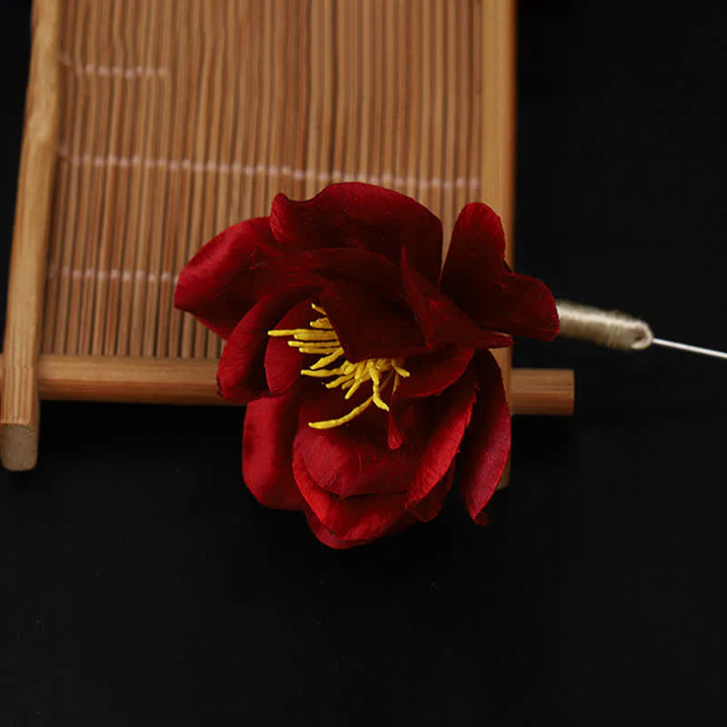 Buddha Stones Cultural Heritage Handcrafted Silk Art Red Camellia Blessing Sincerity Brooch