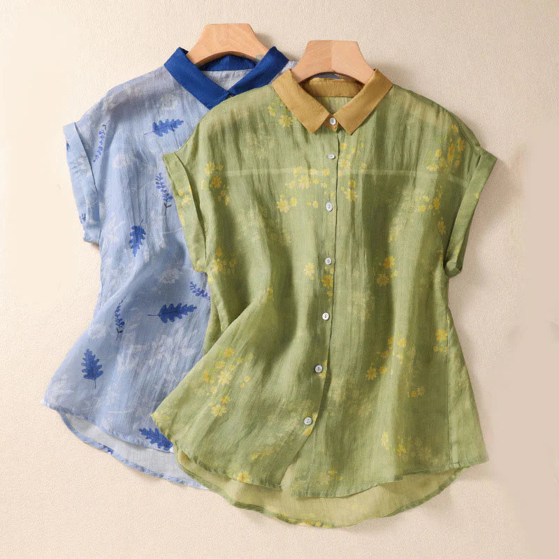 Buddha Stones Small Yellow Flower Leaves Buttons Short Sleeve Women's Shirt