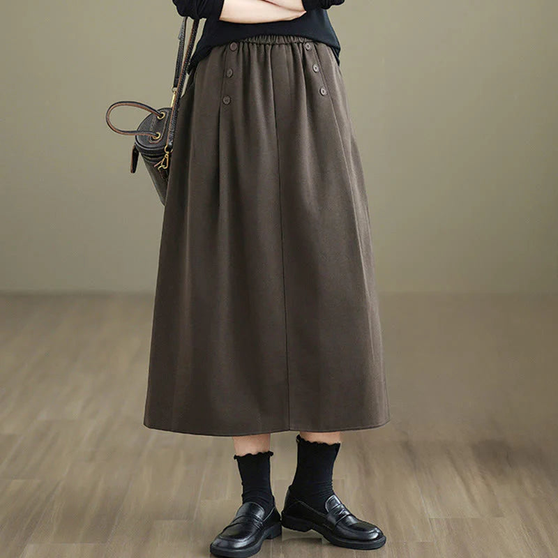 Buddha Stones Women's Winter Pure Color Cotton 7-8 Length Elastic Waistband Skirt With Pockets