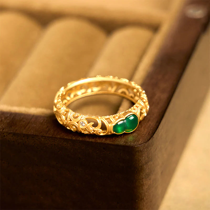Buddha Stones Vintage Gourd Green Chalcedony Copper Alloy Wealth Ring