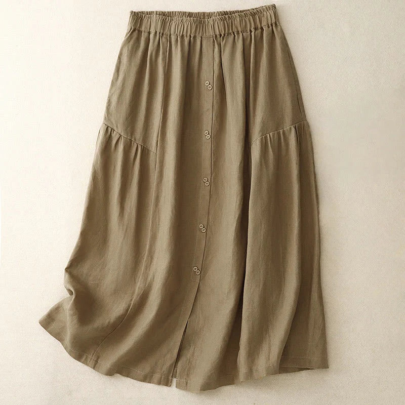 Buddha Stones A-line Buttons Slit Design Elastic Waist Cotton Women's Skirt With Pockets
