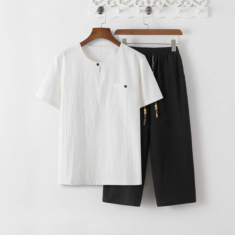 Buddha Stones Summer 2Pcs Plain Short Sleeve T-Shirt 7-8 Length Pants Cotton Linen Tang Suit Men's Meditation Cloth Set With Pockets