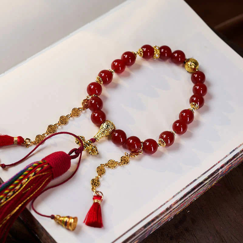 Buddha Stones 18 Beads Copper Coins Tibet Tassel Red Agate Calm Wrist Mala