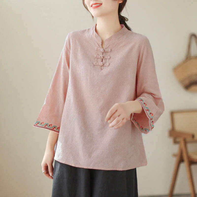 Buddha Stones Jacquard Frog-button Stand Collar Embroidered Three Quarter Sleeve Design Women's Cotton Shirt