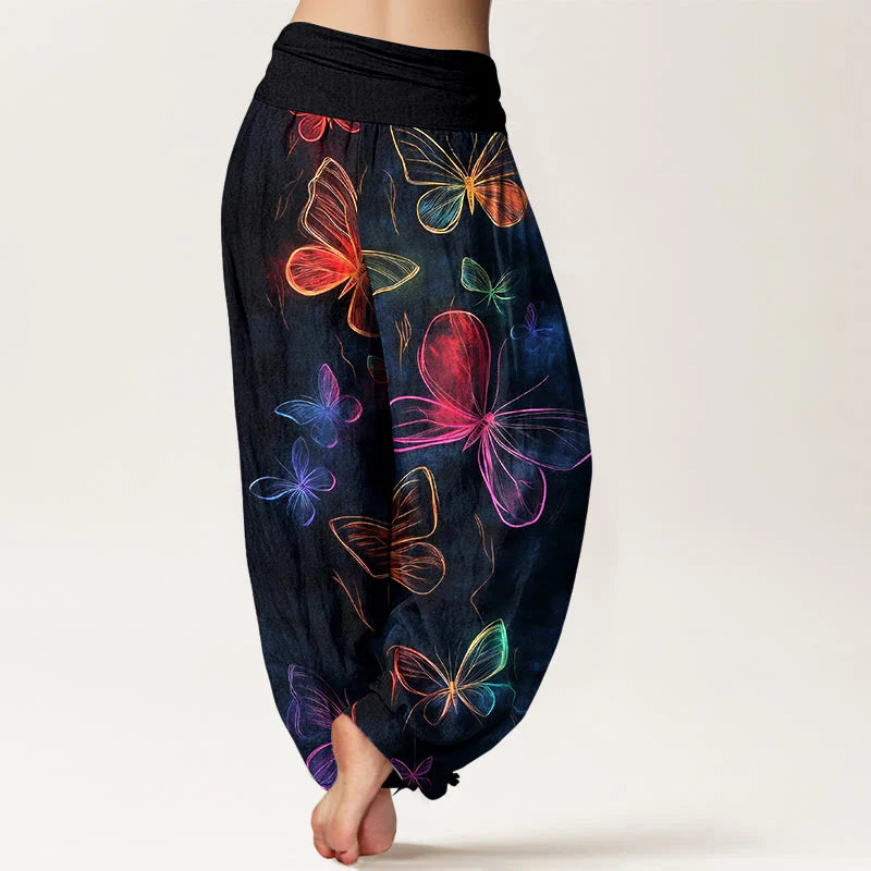 Buddha Stones Cotton Dreamlike Butterfly Pattern Women's Elastic Waist Harem Pants