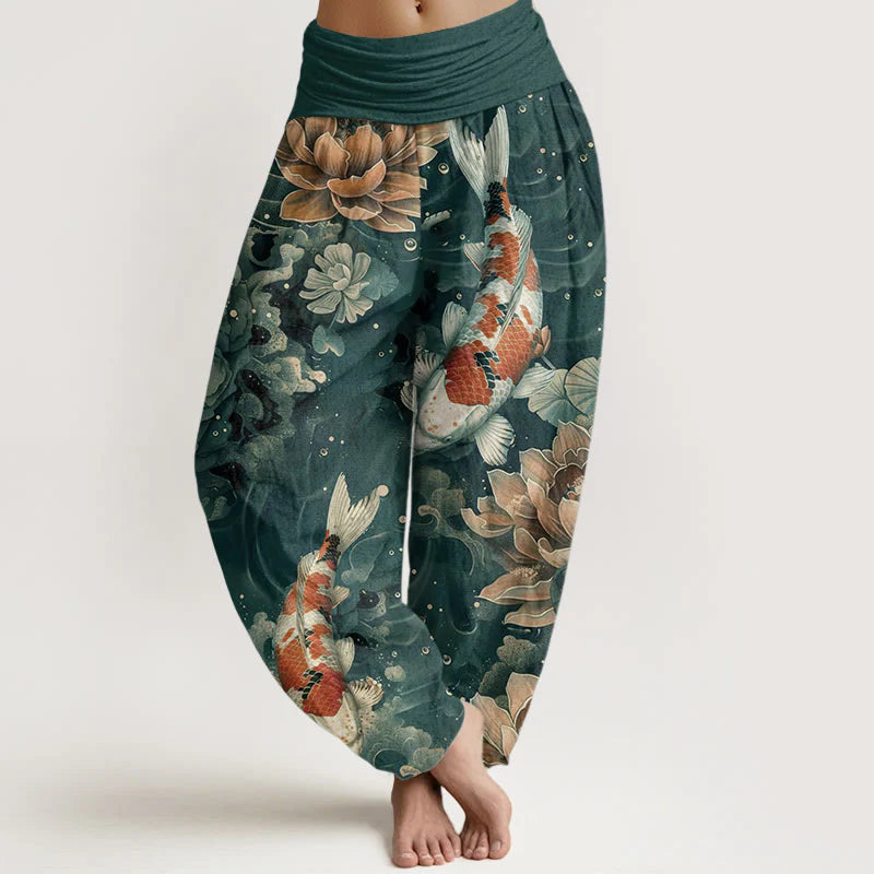 Buddha Stones Pure Cotton Colorful Koi Fish Lotus Flowers Design Women's Elastic Waist Harem Pants