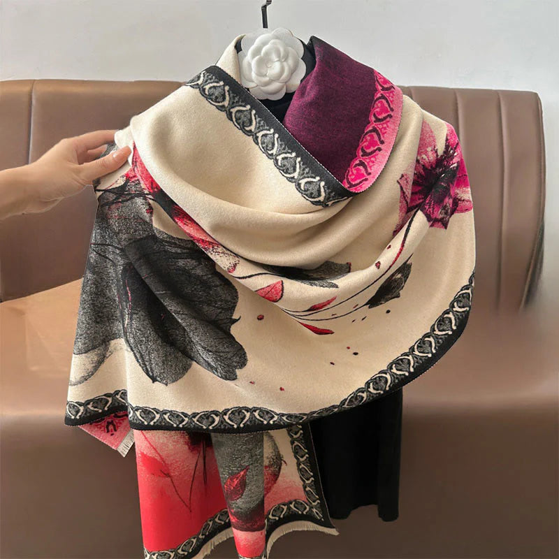 Buddha Stones Winter Ink Painting Lotus Flowers Leaves Pattern Soft Scarf Shawl