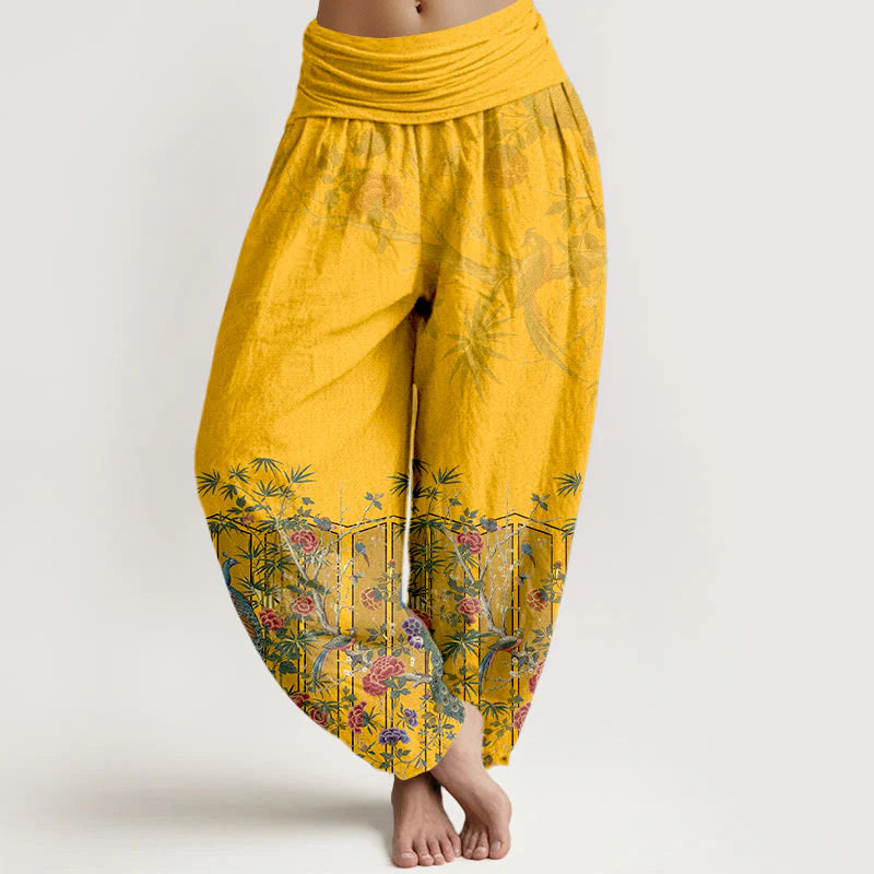 Buddha Stones Cotton Gorgeous Peacock Flower Pattern Women's Elastic Waist Harem Pants