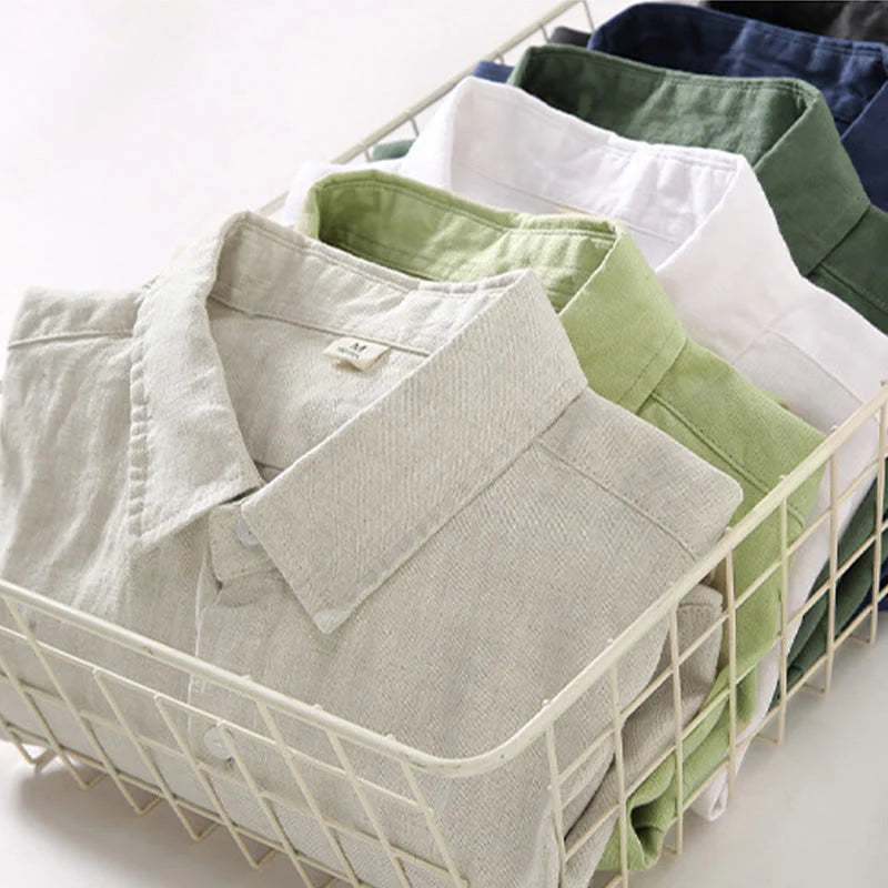 Buddha Stones Spring Men's Casual Pure Color Linen Long Sleeve Shirt With Pocket