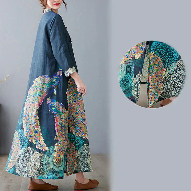 Buddha Stones Fall Colorful Peacocks Mandala Frog-Button Three Quarter Sleeve Cotton Women's Midi Dress