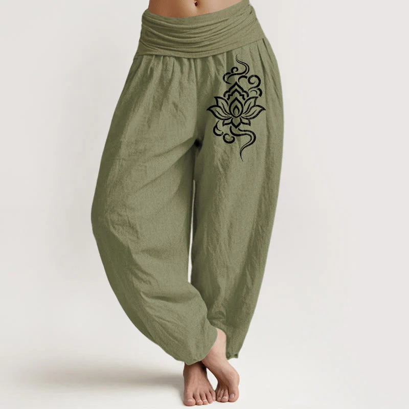 Buddha Stones Cotton Simple Lotus Pattern Women's Elastic Waist Harem Pants