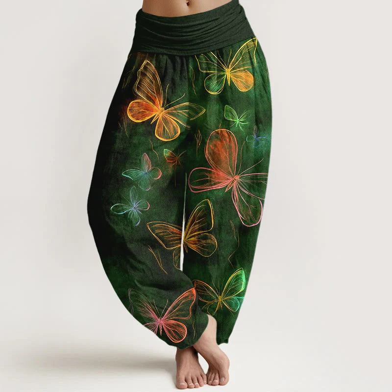 Buddha Stones Cotton Dreamlike Butterfly Pattern Women's Elastic Waist Harem Pants