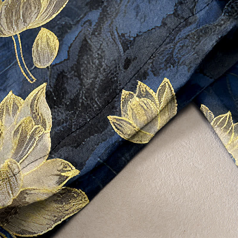Buddha Stones Lotus Pattern Pure Cotton Elastic Waist Women's Pants With Pockets
