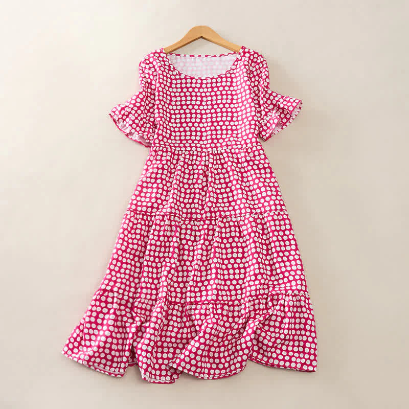 Buddha Stones Summer Elegant Polka Dot A Line Ruffle Hem Short Sleeve Knee Length Dress