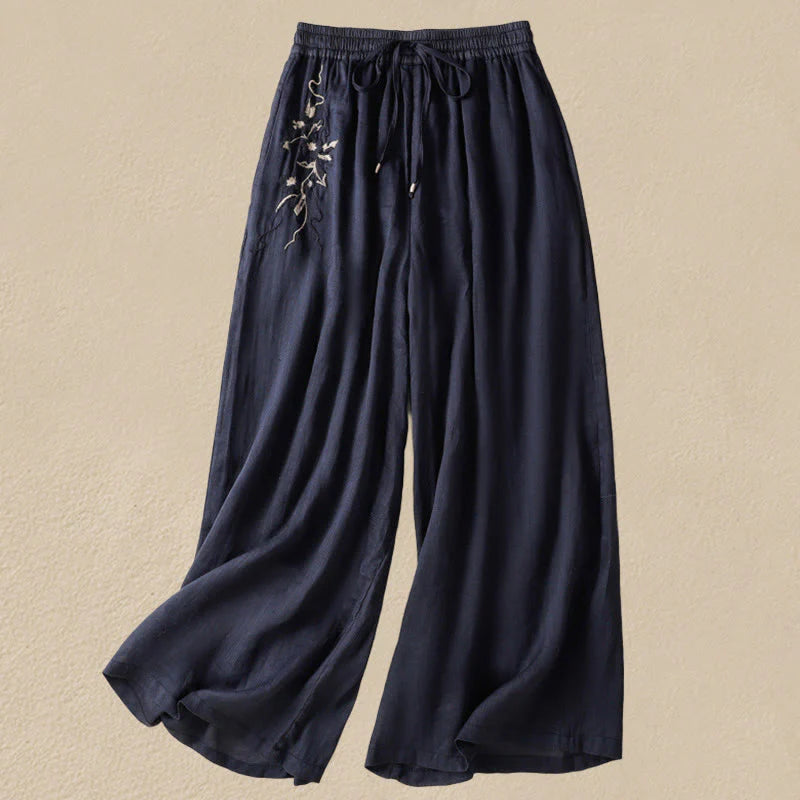Buddha Stones Commute Embroidery Drawstring Women's Cotton Wide Leg Pants With Pockets