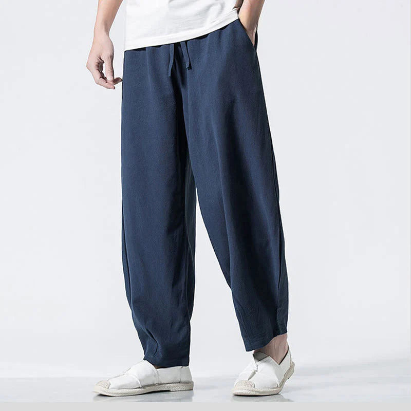 Buddha Stones Drawstring Elastic Waist Ankle-Length Men's Cotton Pants With Pockets