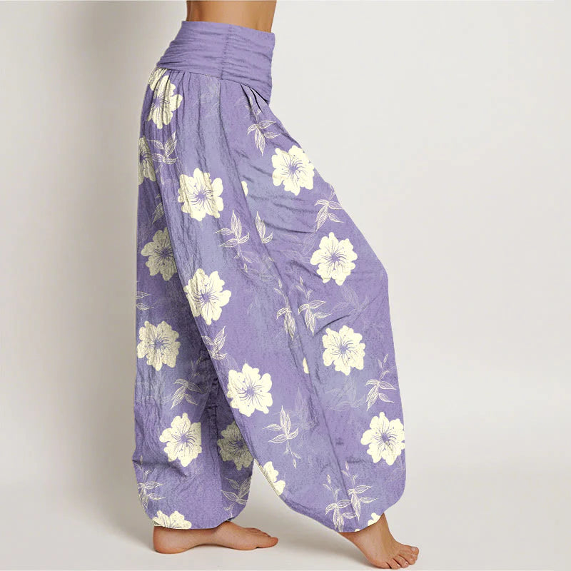 Buddha Stones Pure Cotton White Flowers Grass Women's Elastic Waist Harem Pants