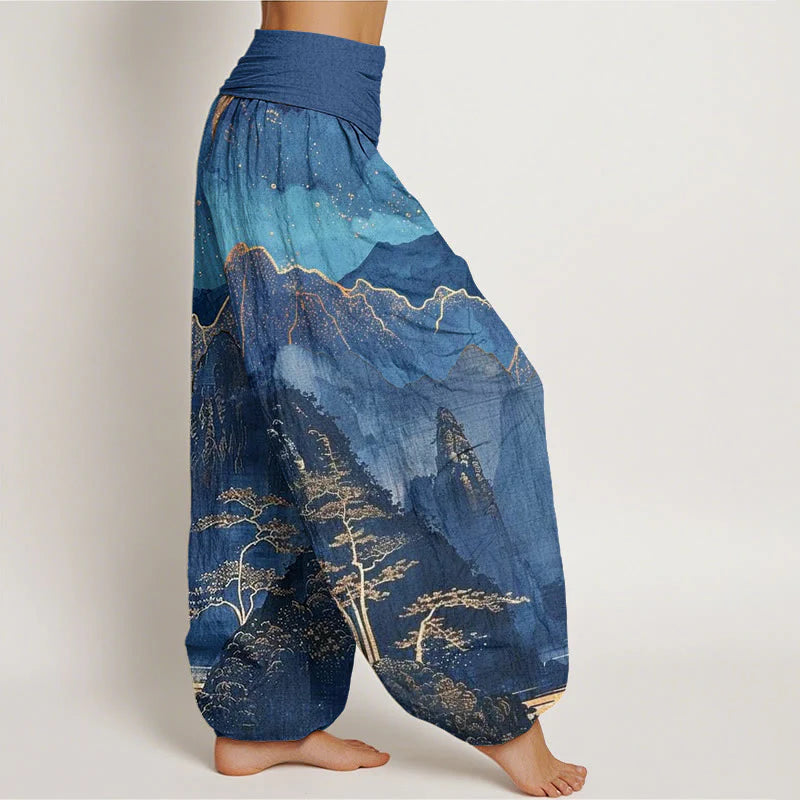 Buddha Stones Cotton Casual Full Moon Mountains Trees River Pattern Women's Elastic Waist Harem Pants