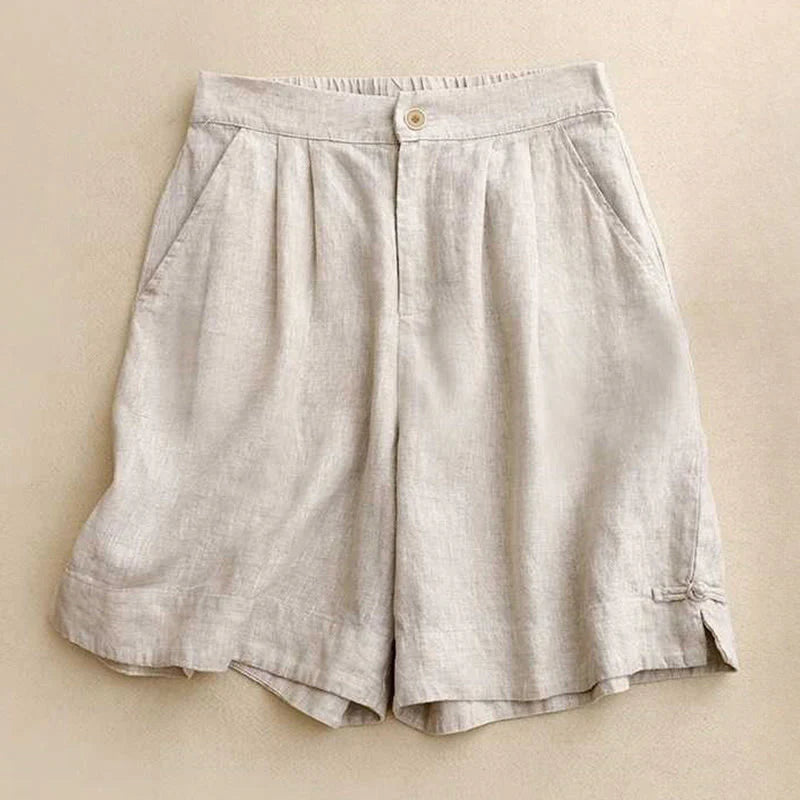 Buddha Stones Summer Casual Solid Color Zipper Button Acrylic Fiber Frog Button Women's Shorts With Pockets