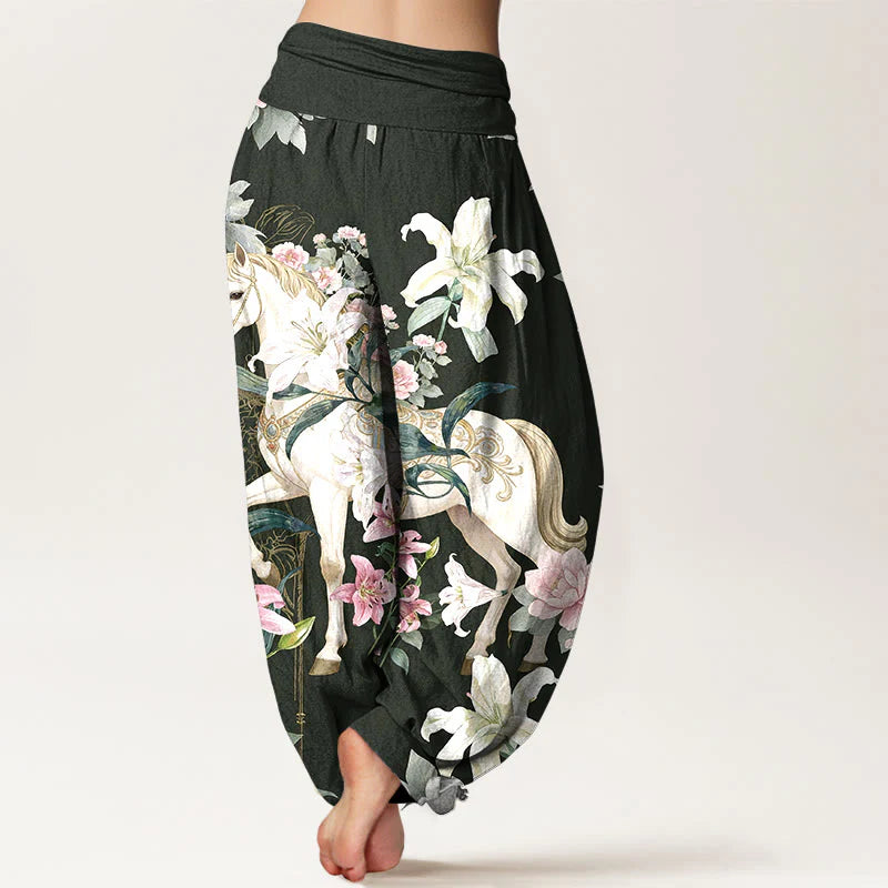 Buddha Stones Pure Cotton Romantic Horse Lily Peony Pattern Women's Elastic Waist Harem Pants