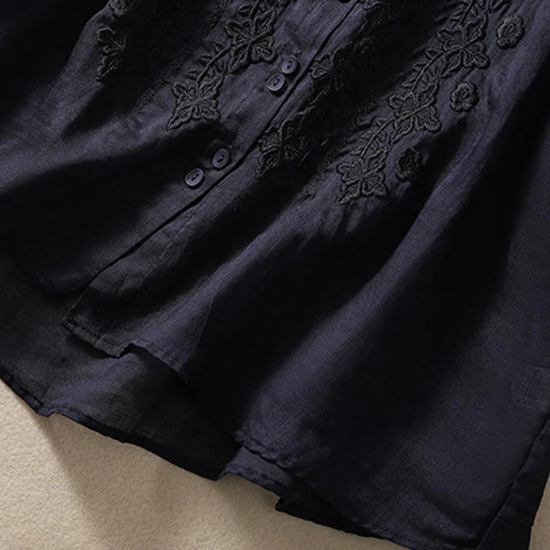 Buddha Stones Summer Plain Button Embroidery Flower Pattern Three Quarter Sleeve Lapel Cotton Linen Women's Shirt