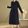 Buddha Stones Lace-Up Design Ruffled Crew Neck Cotton Corduroy Long Sleeve Midi Dress With Pockets