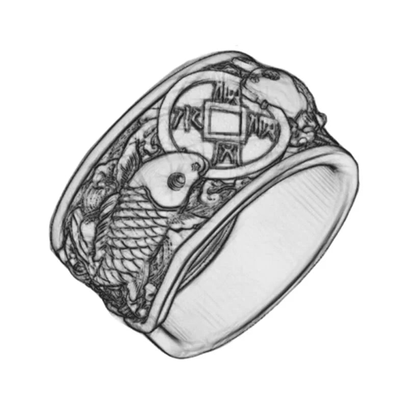 Buddha Stones Adjustable Opening 925 Sterling Silver Lucky Koi Fish Copper Coin Auspicious Clouds Wealth Ring