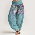 Buddha Stones Pure Cotton Orchid Birds Pattern Women's Elastic Waist Harem Pants