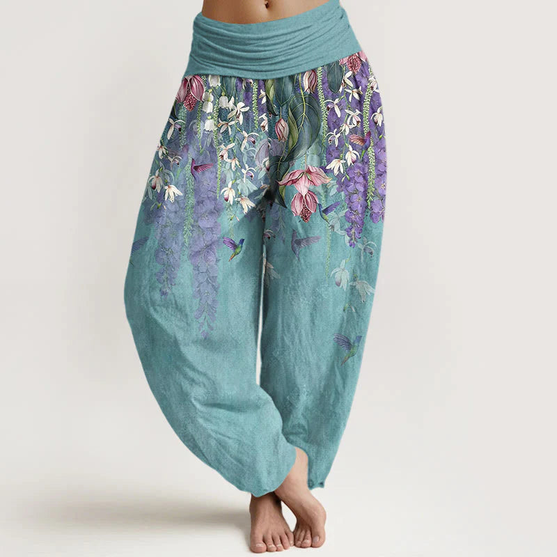 Buddha Stones Pure Cotton Orchid Birds Pattern Women's Elastic Waist Harem Pants
