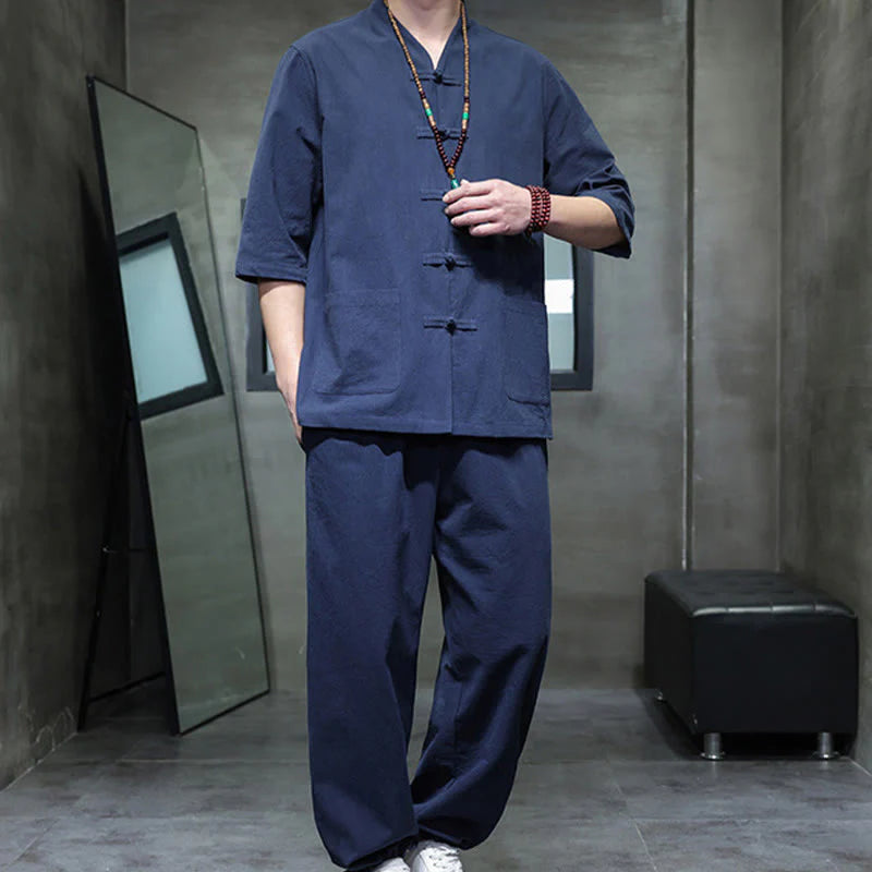 Buddha Stones 2Pcs Tang Suit Frog-Button Design Shirt Pants With Pockets Men's Cotton Linen Meditation Cloth Set