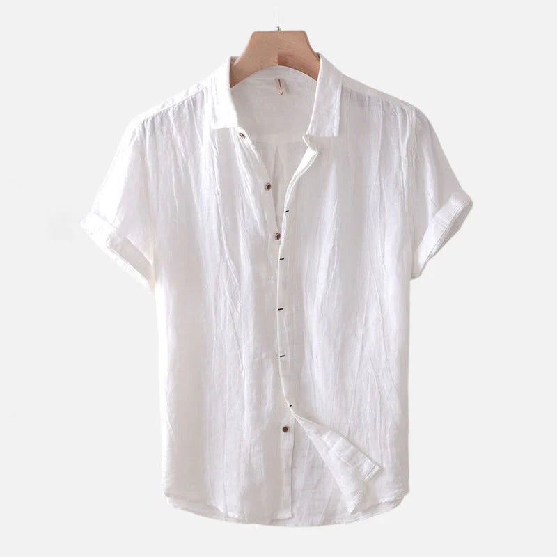 Buddha Stones Men's Shirt Solid Color Lapel Top Short Sleeve Comfy Button Crease Cotton Linen Shirt