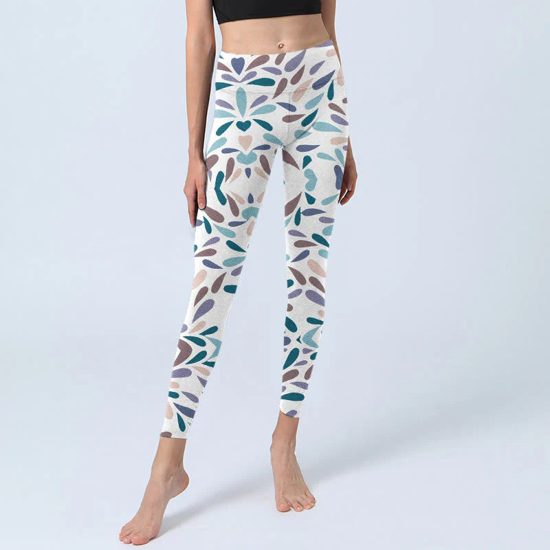 Buddha Stones White Multi Color Block Print Gym Leggings Women's Yoga Pants