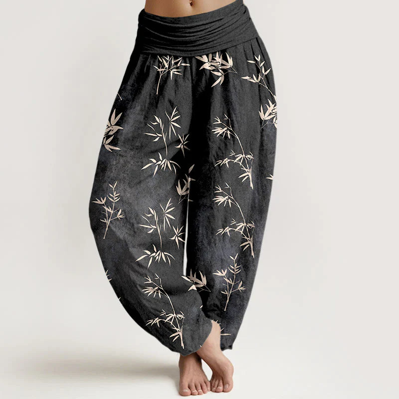Buddha Stones Cotton Simple Bamboo Leaves Pattern Women's Elastic Waist Harem Pants