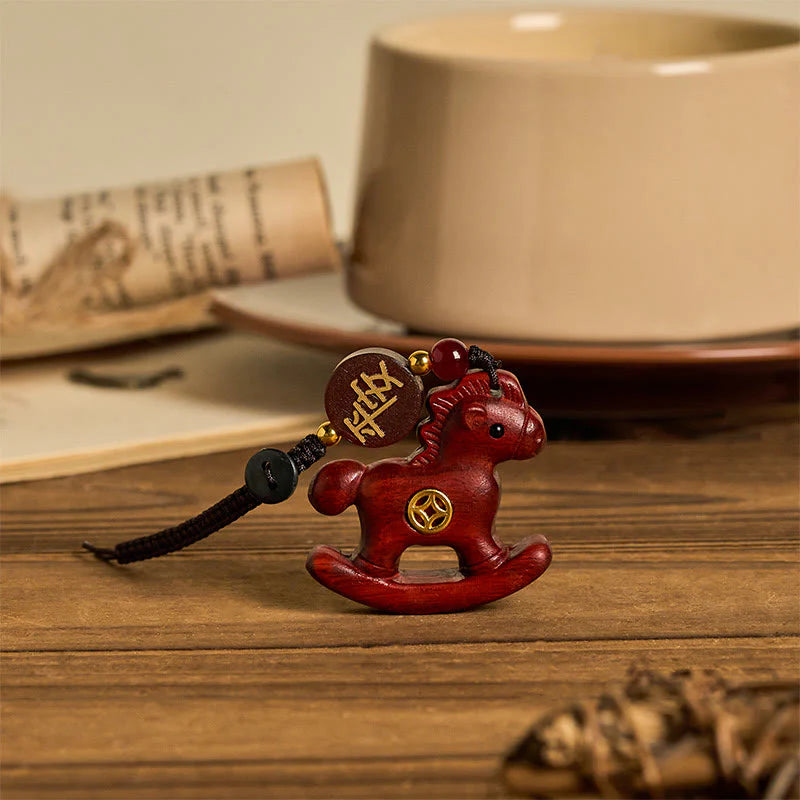 Buddha Stones Year of the Horse Rainbow Eucalyptus Small Leaf Red Sandalwood Linden Wood Ebony Carved Positive Key Chain