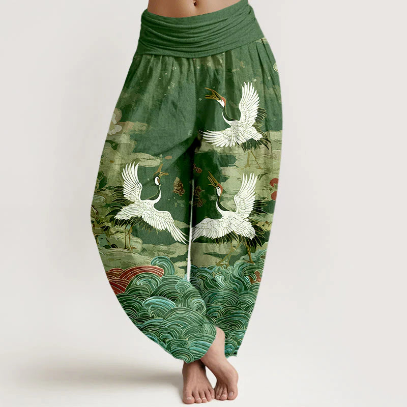 Buddha Stones Cotton Classic Crane Waves Cloud Pattern Women's Elastic Waist Harem Pants