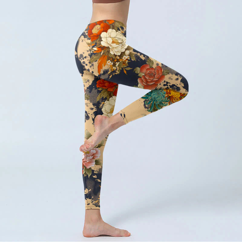 Buddha Stones Ink Painting Style Peony Chrysanthemums Pattern Print Gym Leggings Women's Yoga Pants