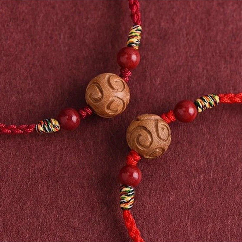 Buddha Stones Carved Auspicious Pattern Natural Peach Wood Rope Luck Bracelet