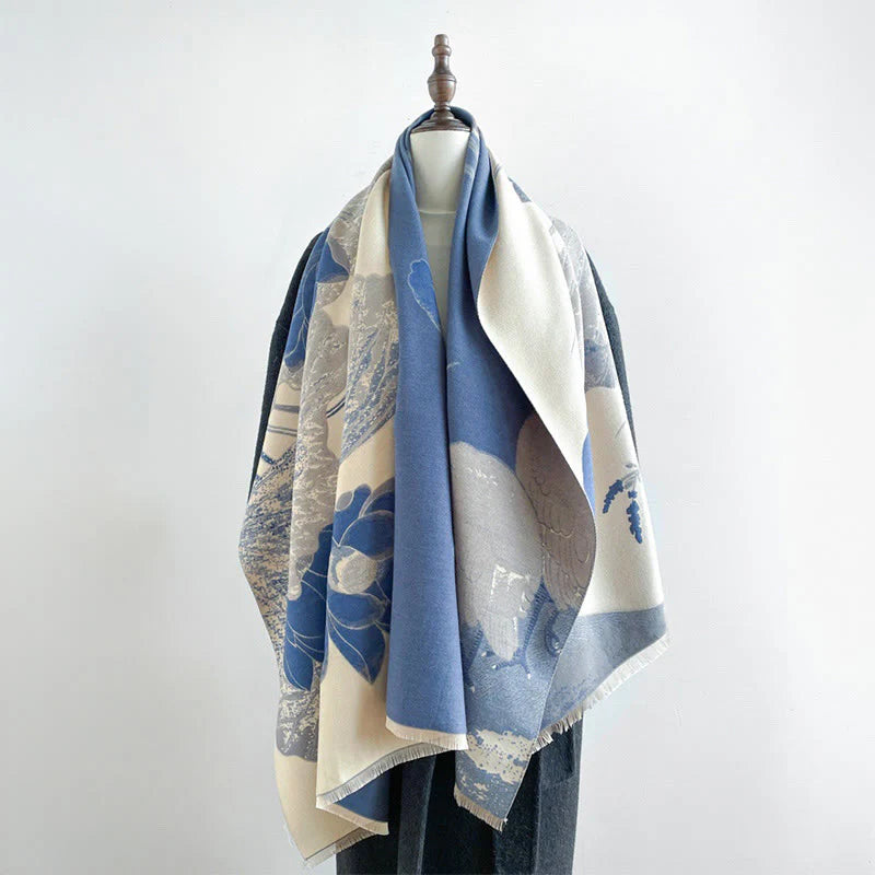 Buddha Stones Winter Stork Birds Lotus Flowers Leaves Pattern Soft Scarf Shawl