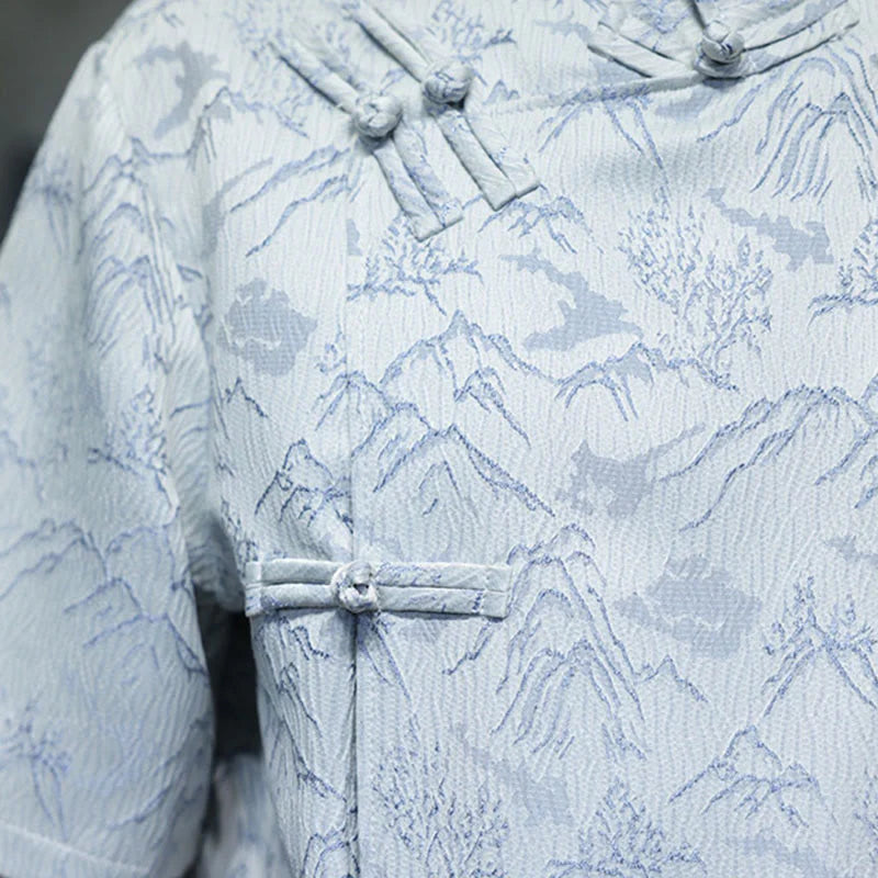 Buddha Stones Summer Mountain Pattern Jacquard Chinese Frog-Button Cotton Short Sleeve Men's Shirt