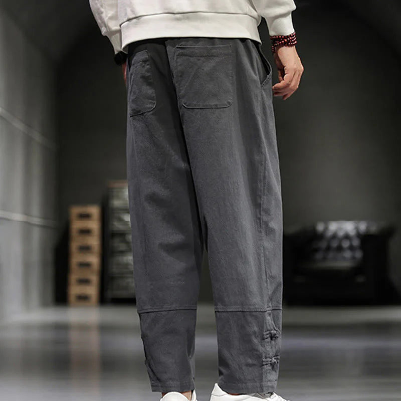 Buddha Stones Drawstring Elastic Waist Frog-Button Ankle-Length Men's Cotton Pants With Pockets