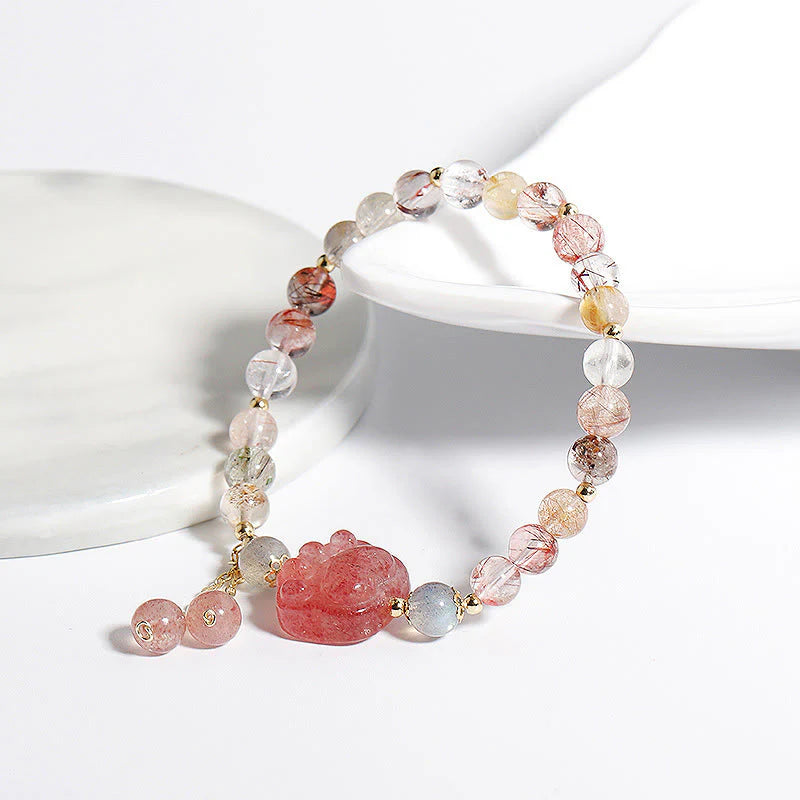 Buddha Stones Natural Strawberry Quartz Cat Paw Claw Colorful Rutilated Quartz Moonstone Love Bracelet