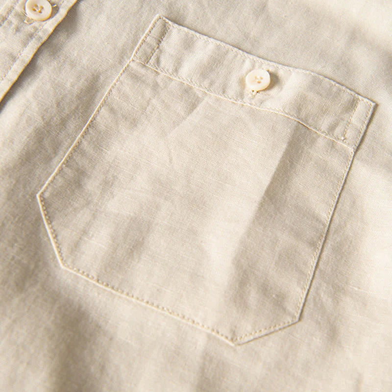 Buddha Stones Casual Daily Simple Buttons Design Stand Collar Men's Short Sleeve Cotton Linen Shirt With Front Pockets