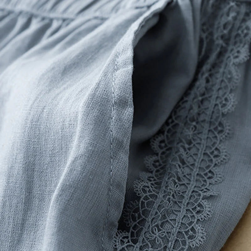 Buddha Stones Plain Color Lace Stitching Cotton Linen Women's Wide Leg Pants With Pockets