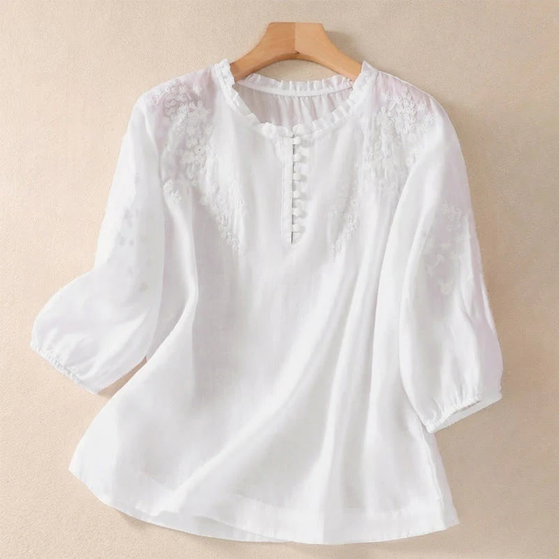 Buddha Stones Casual Plain Button Floral Embroidered Design Puff Half Sleeve Women's Shirt