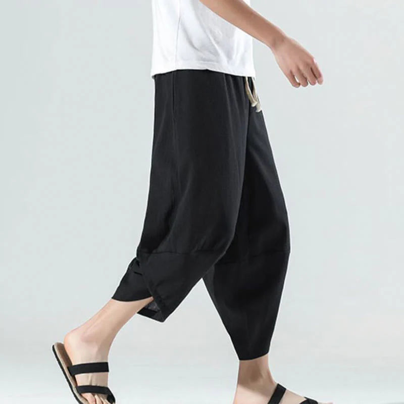 Buddha Stones Plain Simple Design Drawstring 7-8 Length Linen Men's Harem Pants With Pockets