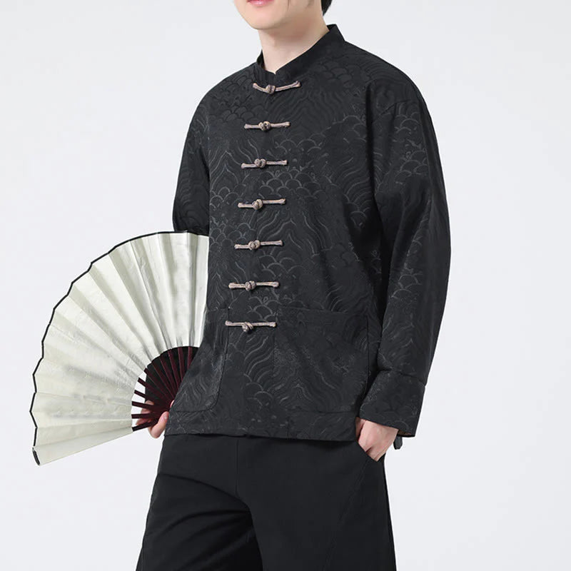 Buddha Stones Frog-Button Mountain Wave Pattern Long Sleeve Men's Cotton Jacket With Pockets